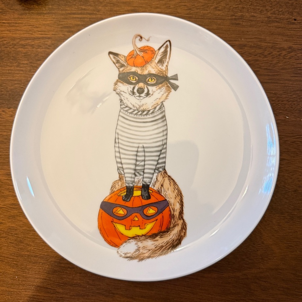 West Elm Dapper Animals Halloween White Salad Plate with Fox and Pumpkin Design